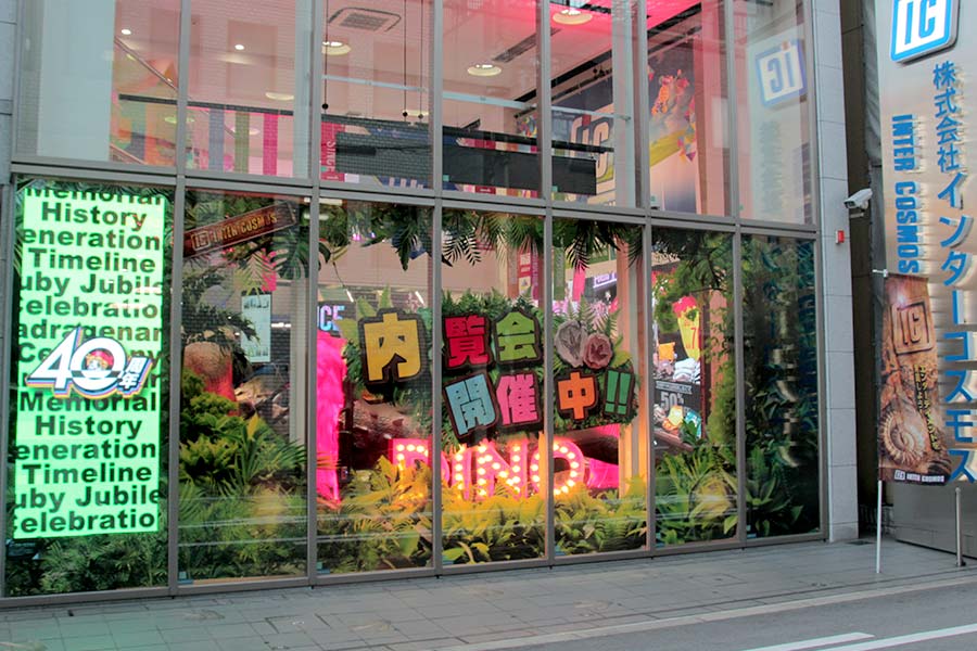 ショーウインドウはジャングルモチーフの窓シートで装飾