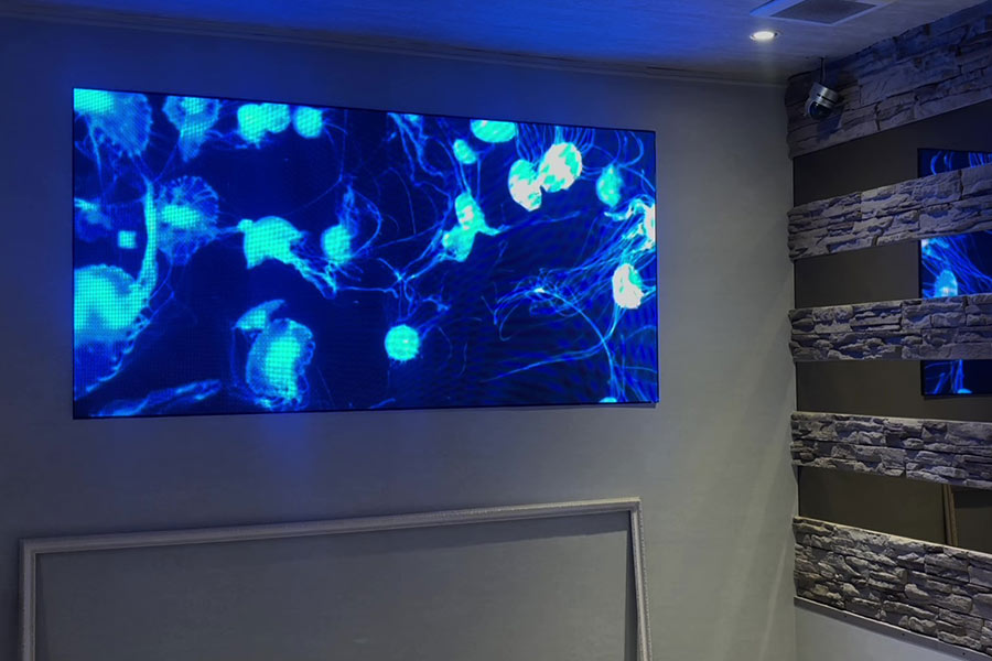 水槽の代わりに様々な海の映像を映す店内ビジョン