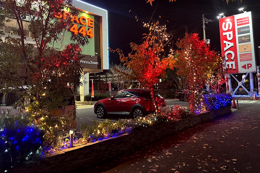 駐車スペースが目立ち人目を惹くイルミネーション