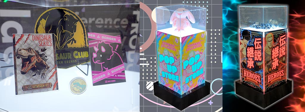 白色LEDが中身を引き立て、土台の面板とRGBライトアップで世界観を表現するショーケース