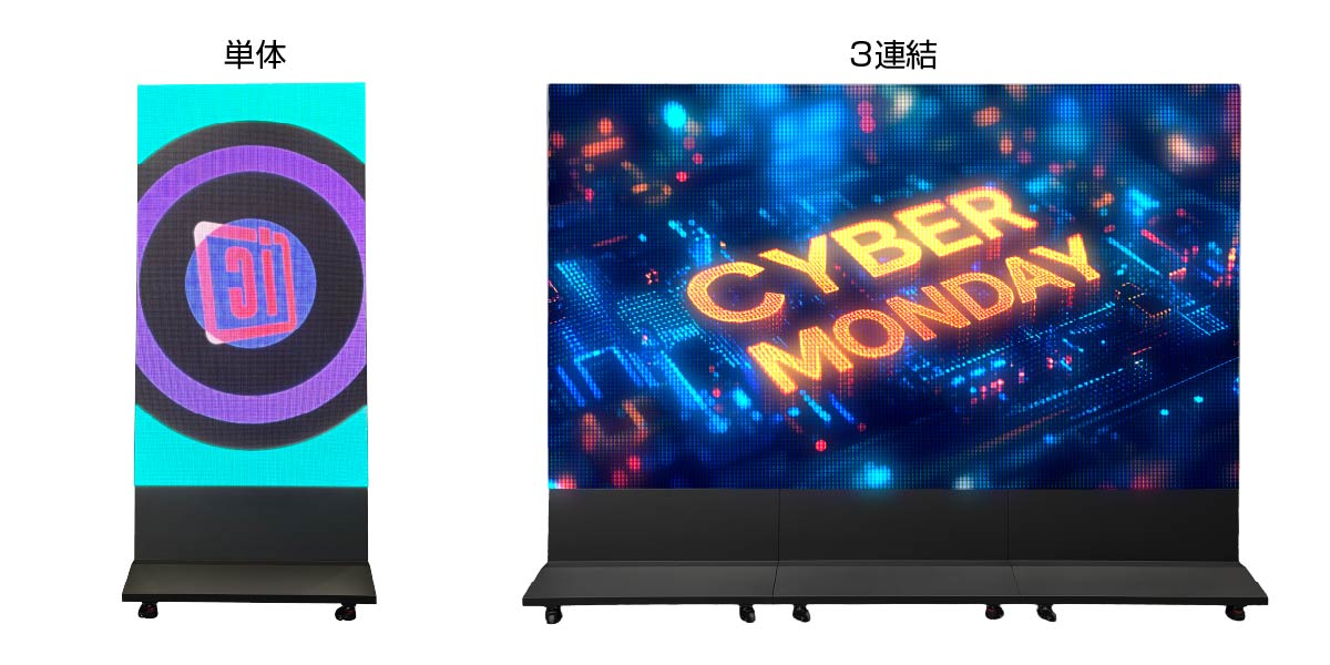 単体使用で縦長に、3台連結で横長大画面に